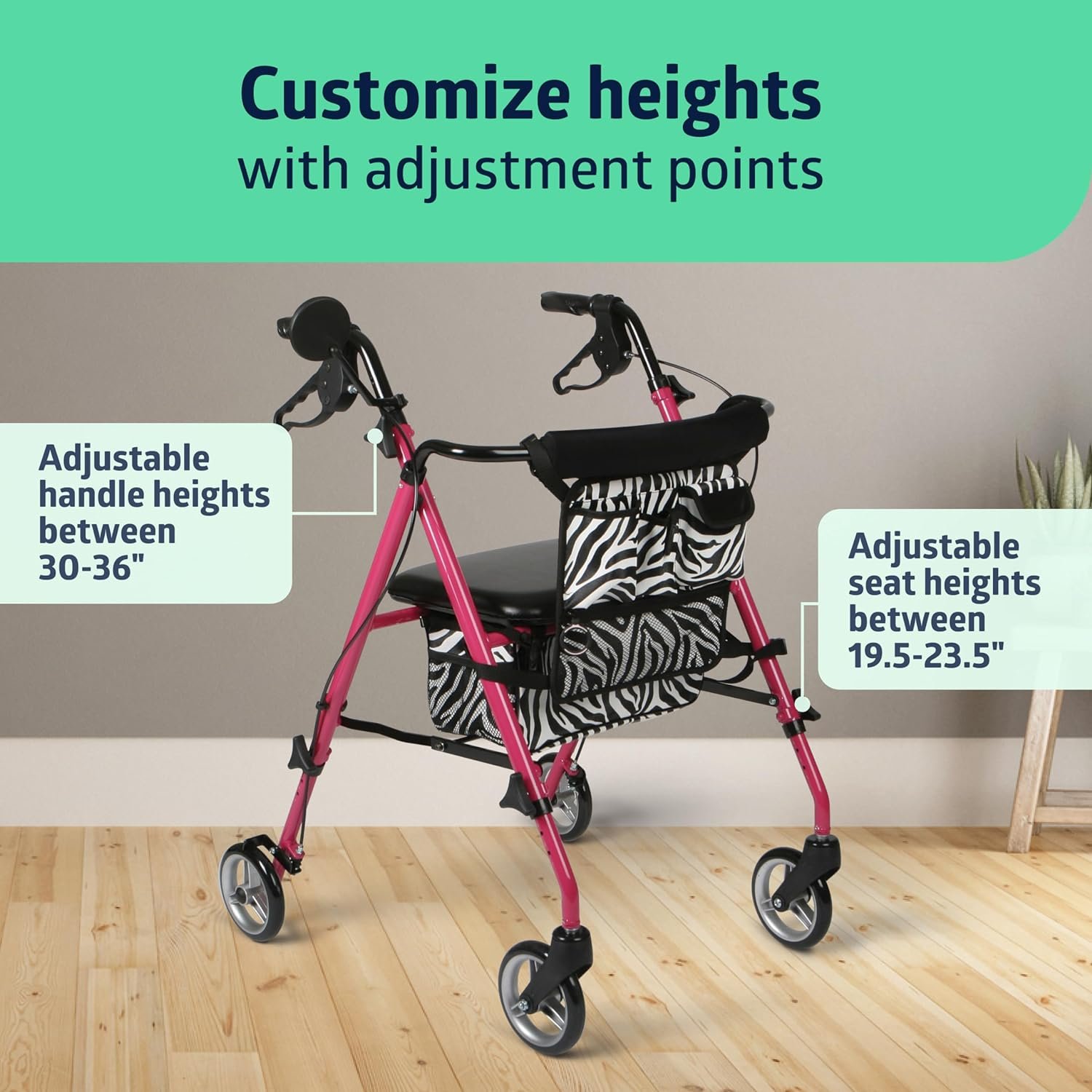 Medline Posh Premium Lightweight Aluminum Rollator Walker, Pink & Zebra