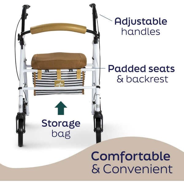 Medline Foldable Steel Rollator with Microban* Protection, 8″ Wheels, Comfortable Seat, 300 lbs, Weight Capacity, White