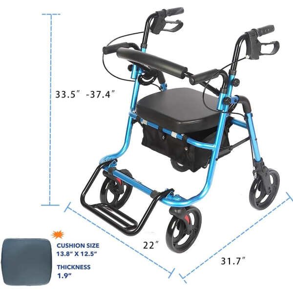 2 in 1 Rollator Walker | Rolling Walkers for Seniors Lightweight with Large Wheels, Rollator with Seat and Brakes Fold up, Medical Transport Chair Walker with Lightweight Easy Folding