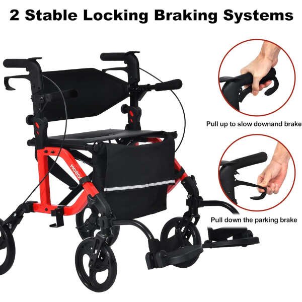 2 in 1 Rollator Walker & Transport Chair, Folding Wheelchair Rolling Mobility Walking Aid with Seat Belt, Detachable Footrests for Adult, Seniors