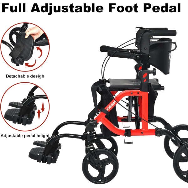 2 in 1 Rollator Walker & Transport Chair, Folding Wheelchair Rolling Mobility Walking Aid with Seat Belt, Detachable Footrests for Adult, Seniors