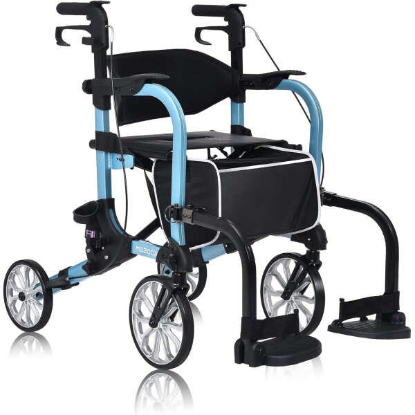 2 in 1 Rollator Walker for Seniors-Folding Transport Wheelchair Rollator with 10″ Big Pneumatic Rear Wheels and Detachable Footrests,Medical Walker with Seat