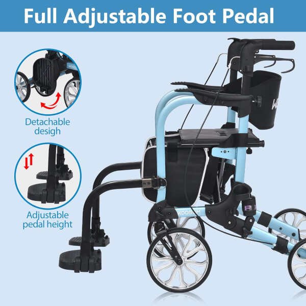 2 in 1 Rollator Walker for Seniors-Folding Transport Wheelchair Rollator with 10″ Big Pneumatic Rear Wheels and Detachable Footrests,Medical Walker with Seat