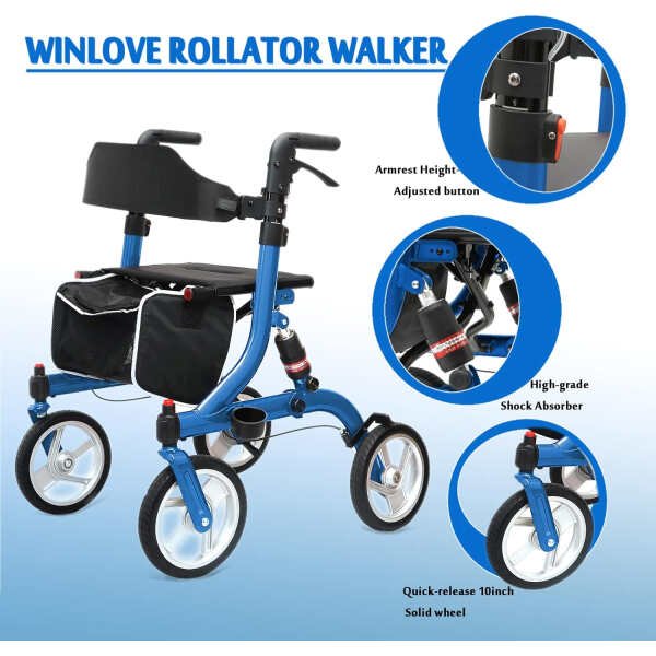 Winlove Rollator Walkers for Seniors-Folding Rollator with Seat and 10-inch All Terrain Wheels-Medical Rollator Walker Aluminium Frame with Suspension Spring and Thick Seat-Lightweight,Blue