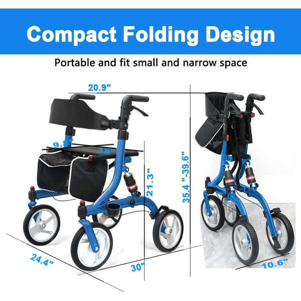 Winlove Rollator Walkers for Seniors-Folding Rollator with Seat and 10-inch All Terrain Wheels-Medical Rollator Walker Aluminium Frame with Suspension Spring and Thick Seat-Lightweight,Blue