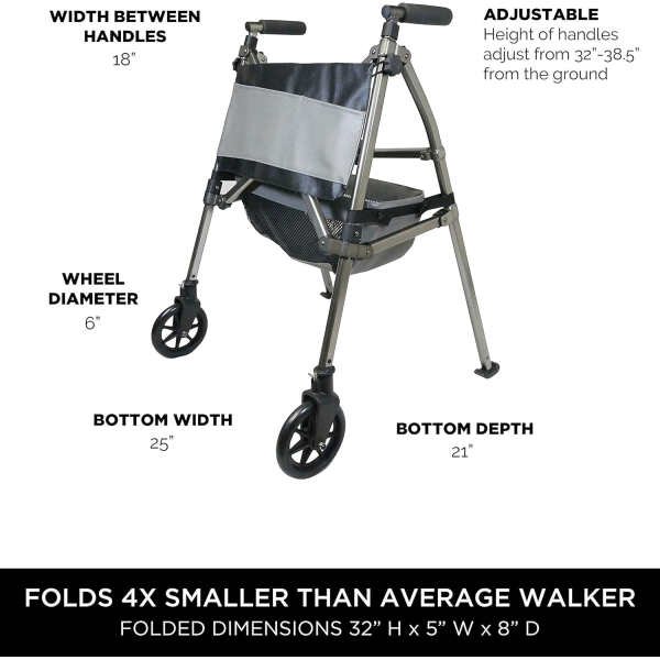 Elite Travel Walker, Lightweight Folding Rolling Walker with Swivel Wheels for Adults, Seniors, and Elderly, Compact Narrow Walker, Height Adjustable with Ski Glides and Pouch