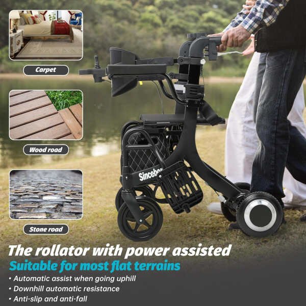 Rollator Walker with Seat 3 in 1 Multi-Functional Walker for Seniors Transport Wheelchair Lightweight Foldable Mobility Scooter Electric Wheelchair with Front & RR Controller