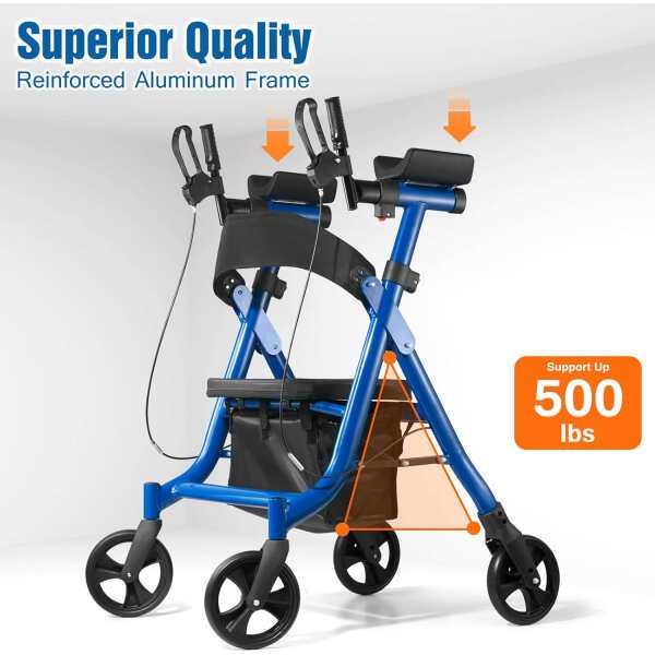 Heavy Duty Rollator Walker for Seniors, Folding Bariatric Walker with 8″ Big Front Wheels- Rolling Mobility Walking Aid for Adult Elderly, Aluminum Frame, Blue