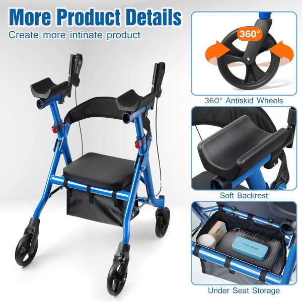 Heavy Duty Rollator Walker for Seniors, Folding Bariatric Walker with 8″ Big Front Wheels- Rolling Mobility Walking Aid for Adult Elderly, Aluminum Frame, Blue