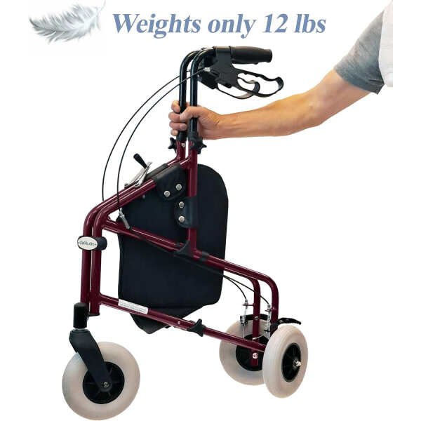 Freedom Lightweight Retractable 3 Wheel Walker with Balloon Tires, Rollator Walker for Seniors with Height Adjustable Handles with Loop Locking Brakes (Burgendy Red)