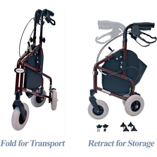 Freedom Lightweight Retractable 3 Wheel Walker with Balloon Tires, Rollator Walker for Seniors with Height Adjustable Handles with Loop Locking Brakes (Burgendy Red)