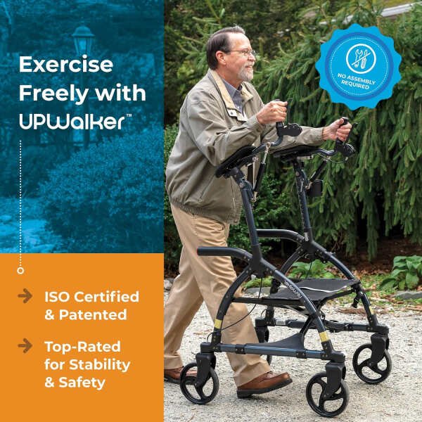 UPWalker CardioAccelerator Active Walker Fully Assembled Upright Adjustable Stand-Up Health Rollator w/Seat, Armrest, Backrest for Seniors