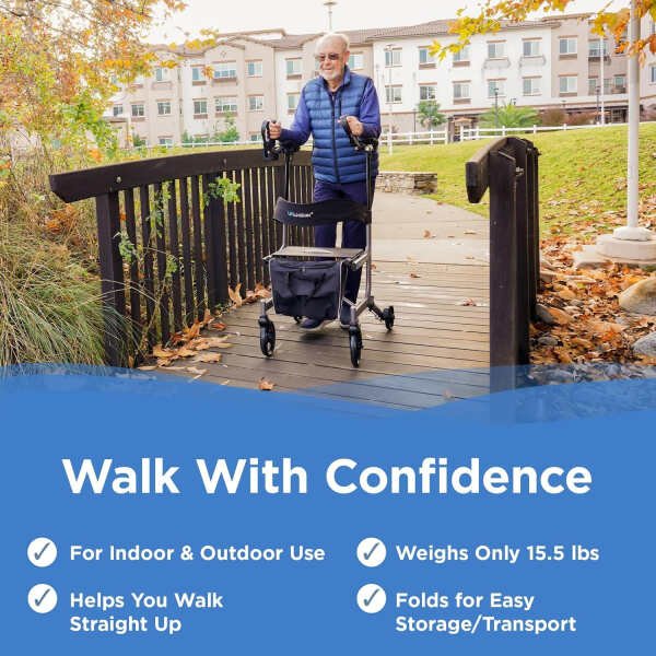 Journey UPWalker Lite The Original Upright Walker Premium, Lightweight Adjustable Upright Rollator Walker with Narrow Build, Seat & Reduced Turning Radius for Adults, Seniors & The Elderly