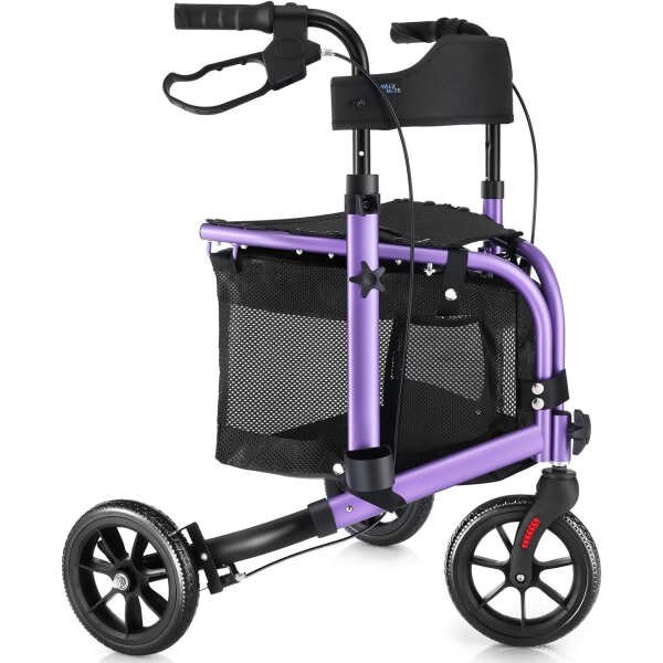 3 Wheel Rollator Walker with Seat for Slim Seniors, Padded Backrest Lightweight Foldable Walker Ideal for Elderly, 8 Inch Tri-Wheel Modern Mobility Walking Aid Aluminum, Purple