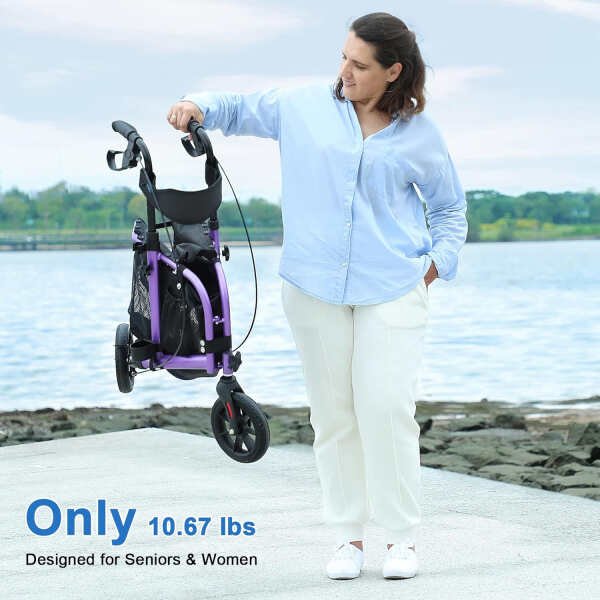 3 Wheel Rollator Walker with Seat for Slim Seniors, Padded Backrest Lightweight Foldable Walker Ideal for Elderly, 8 Inch Tri-Wheel Modern Mobility Walking Aid Aluminum, Purple