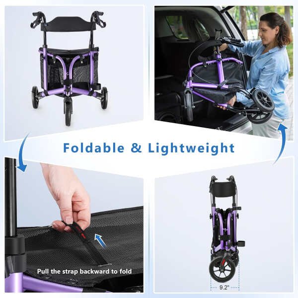 3 Wheel Rollator Walker with Seat for Slim Seniors, Padded Backrest Lightweight Foldable Walker Ideal for Elderly, 8 Inch Tri-Wheel Modern Mobility Walking Aid Aluminum, Purple