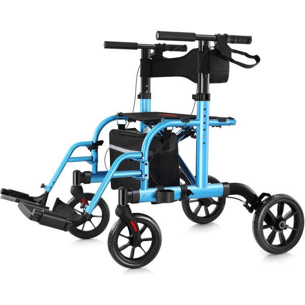 2 in 1 Rollator Walker Transport Chair for Seniors, 10 Wheels Medical Rollator for Seniors with Widen Seat Backrest, Detachable & Adjustable Footrests Folding Walker Wheelchair Combo, Blue