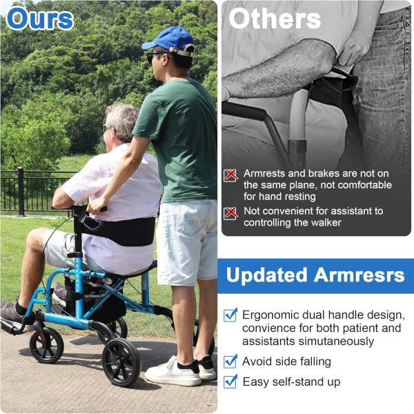 2 in 1 Rollator Walker Transport Chair for Seniors, 10 Wheels Medical Rollator for Seniors with Widen Seat Backrest, Detachable & Adjustable Footrests Folding Walker Wheelchair Combo, Blue