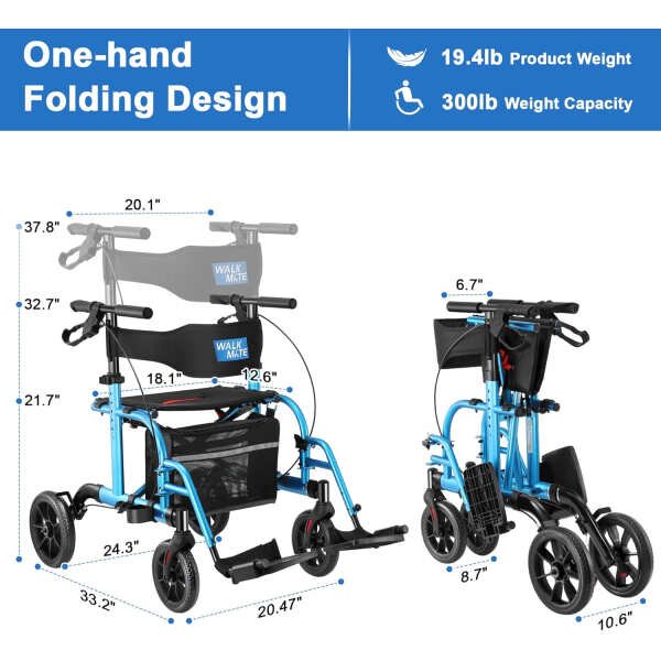 2 in 1 Rollator Walker Transport Chair for Seniors, 10 Wheels Medical Rollator for Seniors with Widen Seat Backrest, Detachable & Adjustable Footrests Folding Walker Wheelchair Combo, Blue