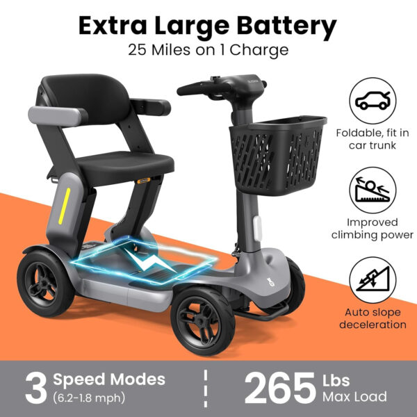 Foldable Mobility Scooter – Electric Scooter with Seat for Adults – Wheelchair Alternative – 25 Miles on 1 Charge, Enhanced Safety, Lightweight for Travel, LED, Basket, Charger Included