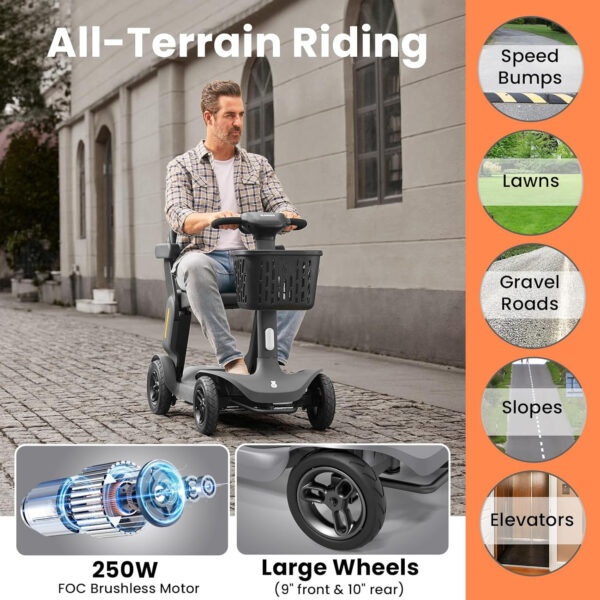 Foldable Mobility Scooter – Electric Scooter with Seat for Adults – Wheelchair Alternative – 25 Miles on 1 Charge, Enhanced Safety, Lightweight for Travel, LED, Basket, Charger Included