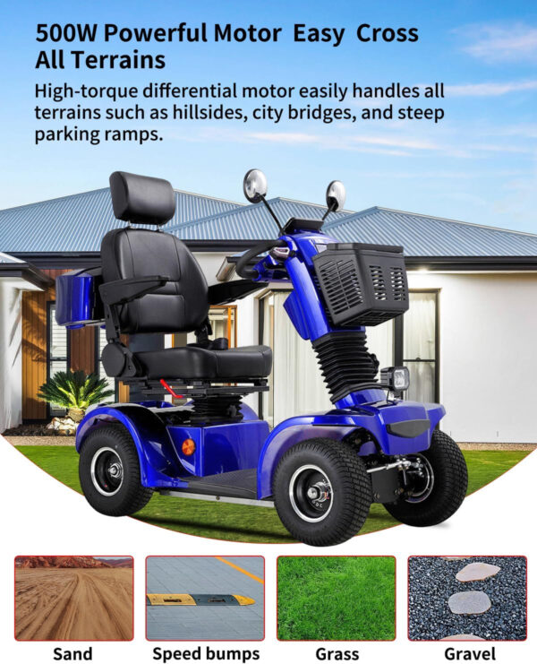 All Terrain Mobility Scooter for Seniors,Heavy-Duty 4 Wheel Mobility Scooters 500 lb Capacity Mobility Scooter,Handicap Scooters for Adults with 3-Speed Travel Long (Blue)