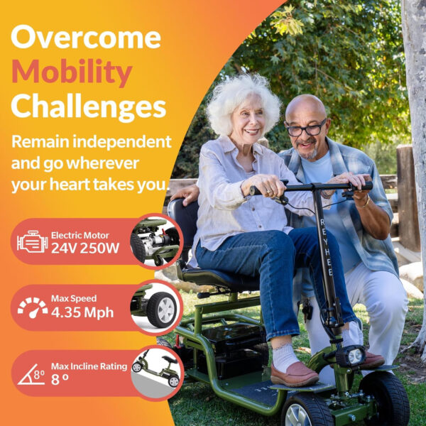 Exo Powered Folding Mobility Scooters for Adults Seniors, Portable Electric Scooter with Ample Legroom and Rotatable Seat, 4-Wheel Mobility Scooter with Anti-Tip Wheels, 300lbs Weight Capacity