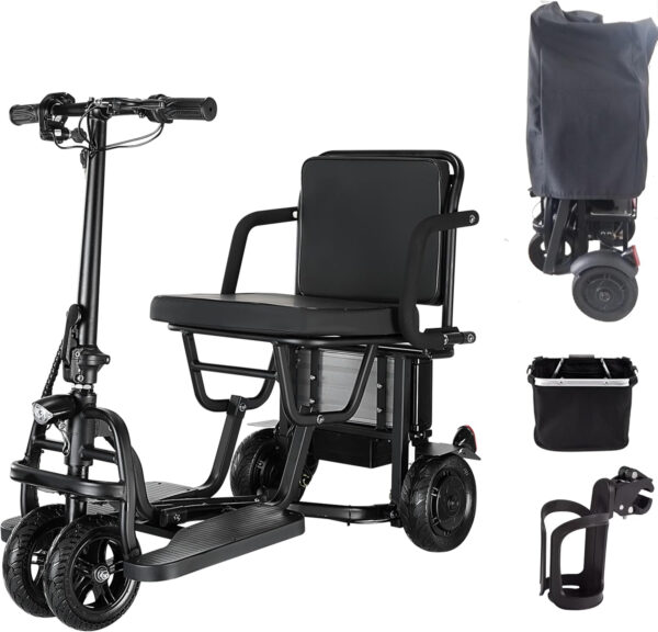 Mobility Scooters for Adults – Folding No Disassembly Required, Power Mobility Scooters, Portable Travel Scooter, 20 Miles Long Range – Airlines Approved(Come with Basket & Cup Holder & Cover)