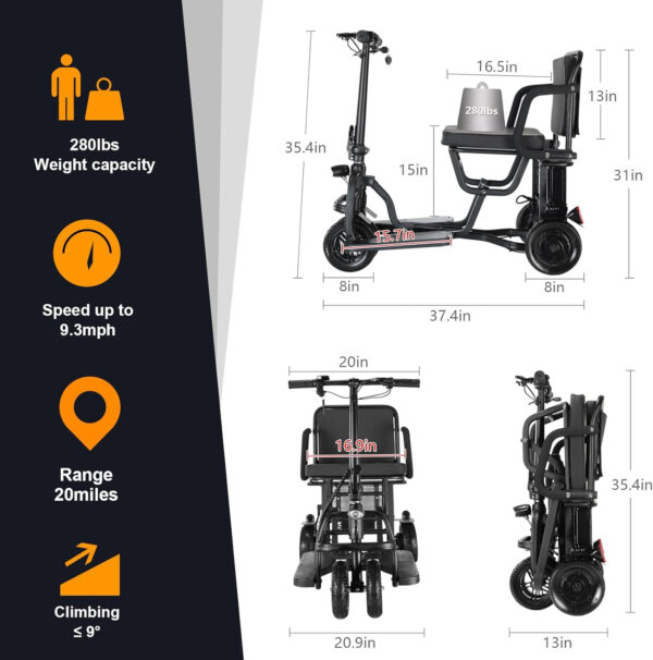 Mobility Scooters for Adults – Folding No Disassembly Required, Power Mobility Scooters, Portable Travel Scooter, 20 Miles Long Range – Airlines Approved(Come with Basket & Cup Holder & Cover)