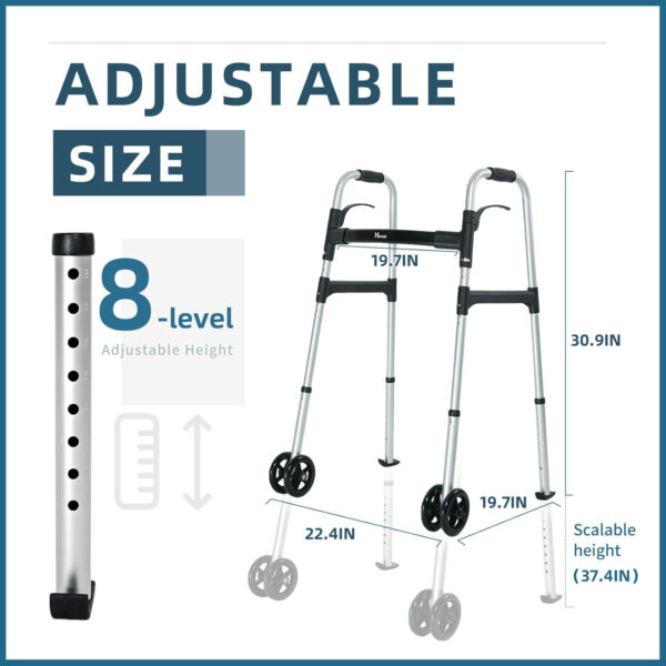 Folding Walker, Supports up to 500 lbs, Folding Walker with 5 Inches Wheels for Seniors, FSA/HSA Eligible Walker (Silver 500 lbs)