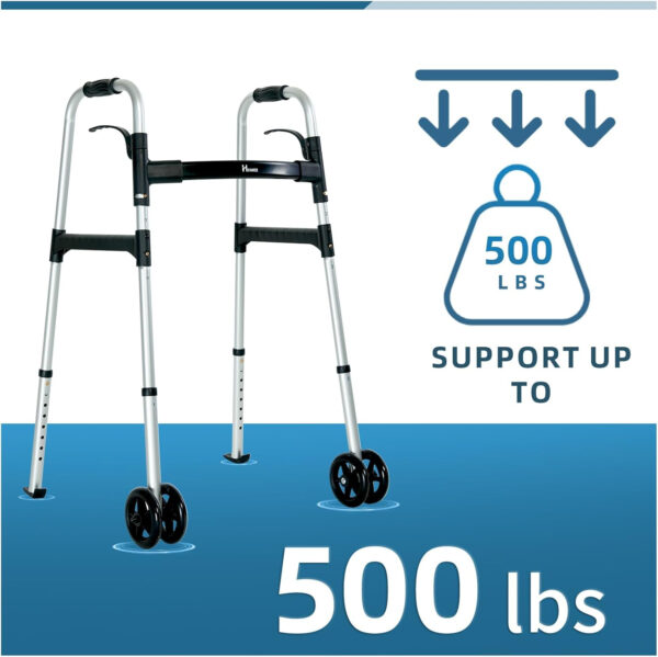 Folding Walker, Supports up to 500 lbs, Folding Walker with 5 Inches Wheels for Seniors, FSA/HSA Eligible Walker (Silver 500 lbs)