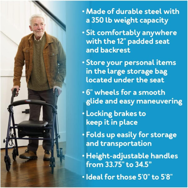 Carex Steel Rollator Walker with Seat and Wheels – Rolling Walker for Seniors – Walker Supports 350lbs, Foldable, For Those 5’0″ to 5’8″, Walker With Wheels