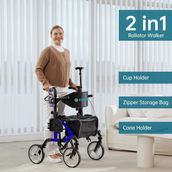 ELENKER 2 in 1 Rollator Walker & Transport Chair, Folding Wheelchair with 10” Non-Slip Wheels for Seniors, Reversible Backrest & Detachable Footrests, Blue