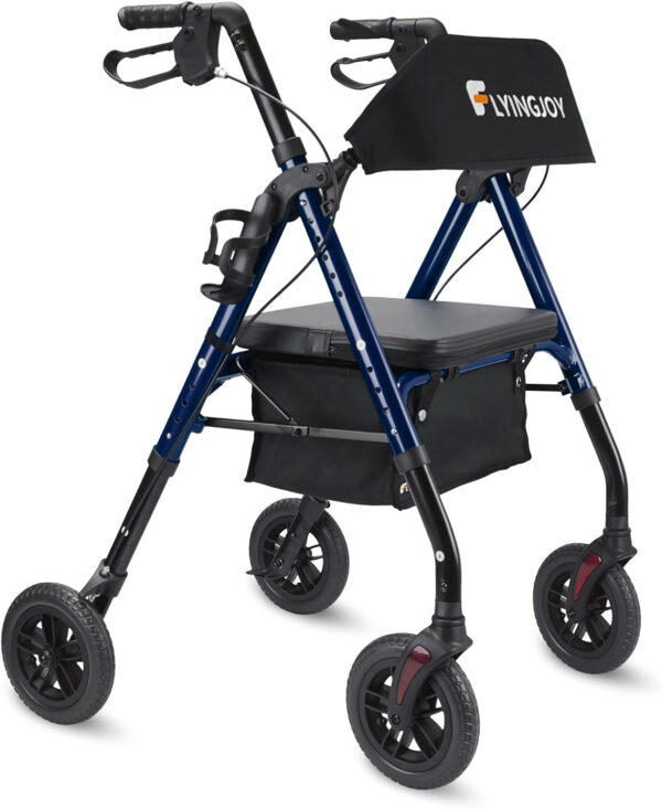 Folding Rollator Walker with Seat and Extra Wide Backrest, Rollators with All Terrain Large 8-inch Wheels for Seniors, Rolling Walkers with Cup & Cane Holder, up to 300 lbs (Blue)