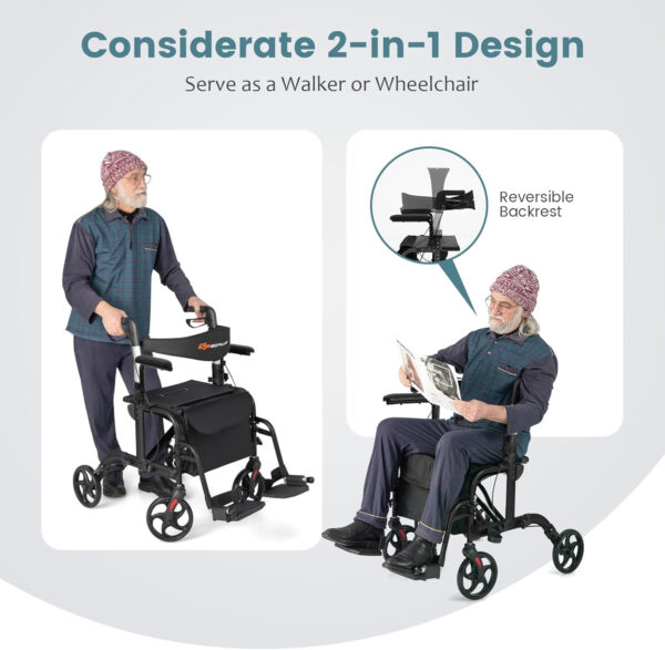 Goplus 2 in 1 Rollator Walkers for Seniors with Seat, 8-inch Wheel Medical Drive Walker Wheelchair Combo with Backrest, Height-Adjustable Handle, Aluminium Frame, Folding Rollator Walker for Adults