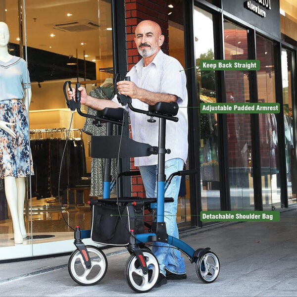 Upright Rollator Walkers for Seniors- Stand up Rolling Walker with Seats and 10″ Wheels, Padded Armrest and Backrest,Tall Rolling Mobility Aid with Basket, Foam Handle to Stand up Blue