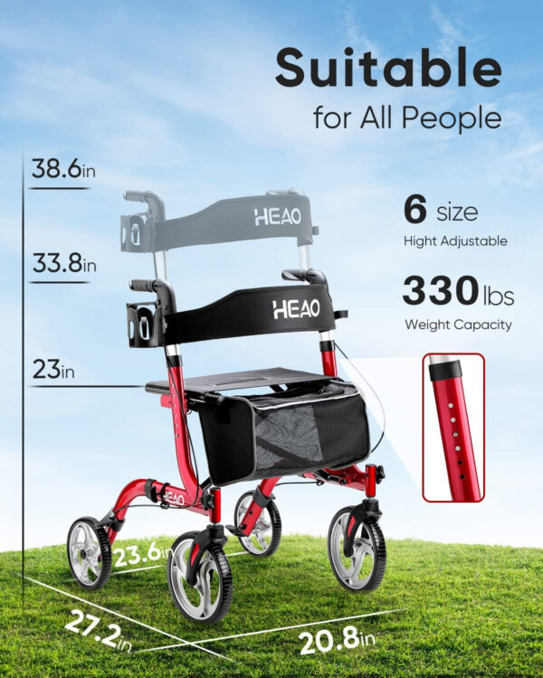 HEAO Rollator Walker for Seniors,10″ Wheels Walker with Cup Holder,Padded Backrest and Compact Folding Design,Lightweight Mobility Walking Aid with Seat,Red