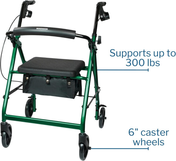 McKesson Rollator Walker with Seat and Wheels, Lightweight, Aluminum, 300 lbs Weight Capacity, Green, 1 Count