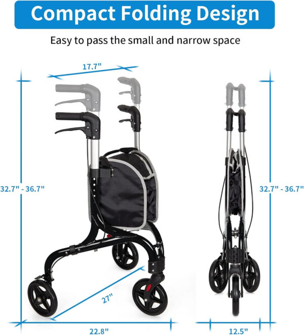 Planetwalk Premium 3 Wheel Rollator Walker for Seniors – Ultra Lightweight Foldable Walker for Elderly, Aluminum Three Wheel Mobility Aid, Black