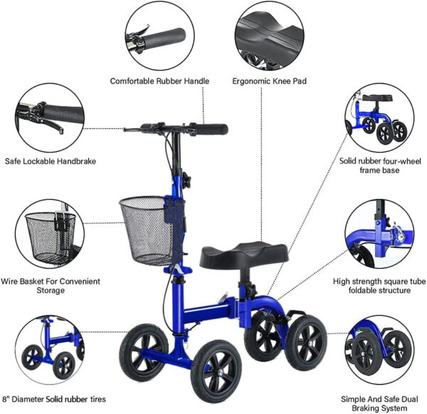 Knee Scooter, Foldable Knee Scooter Walker Economical Knee Scooters for Foot Injuries Best Crutches Alternative (Blue)