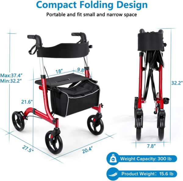 Rollator Walkers for Seniors- Rollator Walker with Seat 8″ Wheels- Easy Folding Senior Walker with Padded Backrest- Lightweight Mobility Walking Aid for Adult Elderly, Aluminum Frame, Red