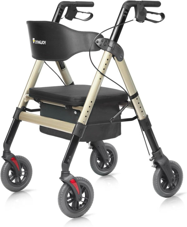 Heavy Duty Rollator Walker for 450 lbs Large People, 4-Wheels Folding Rolling Walker with Extra Spacious Seat, NOT for Standard Door 26″ Wide, a bit Bulky for Lightweight Elderly (Champagne)