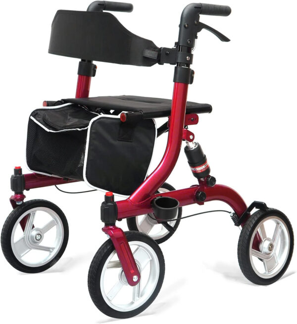 Winlove Rollator Walkers for Seniors-Folding Rollator Walker with Seat and 10-inch All Terrain Wheels-Medical Rollator Walker Aluminium Frame with Suspension Spring and Thick Seat-Lightweight,Red