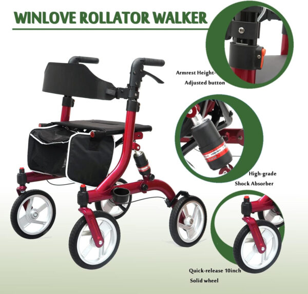 Winlove Rollator Walkers for Seniors-Folding Rollator Walker with Seat and 10-inch All Terrain Wheels-Medical Rollator Walker Aluminium Frame with Suspension Spring and Thick Seat-Lightweight,Red