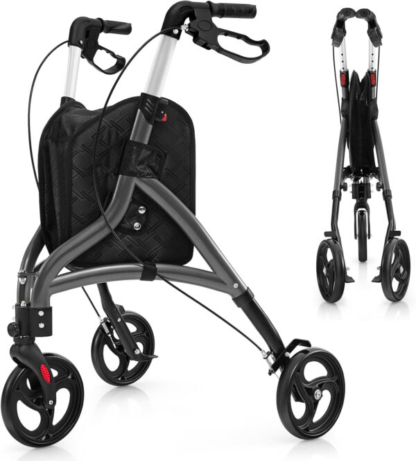 3 Wheel Rolling Walker, Foldable Walker Rollator Walker with Wheels & Storage Bag, Wheeled Walker Mobility Aids for Elderly & Adults (Gray)