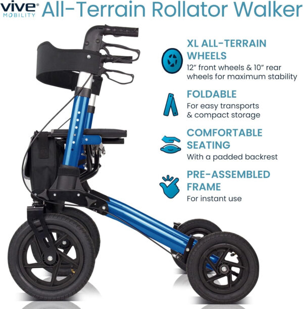 Vive Mobility All Terrain Rollator Walker with Seat – Senior Easy Drive Folding Frame, Lightweight, Foldable, with Basket Support – Comfort Handles & Thick Backrest – Mobility Aid Accessories