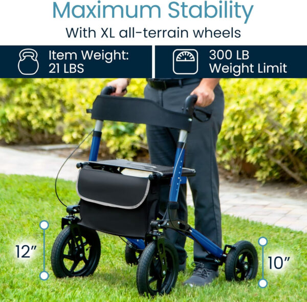 Vive Mobility All Terrain Rollator Walker with Seat – Senior Easy Drive Folding Frame, Lightweight, Foldable, with Basket Support – Comfort Handles & Thick Backrest – Mobility Aid Accessories