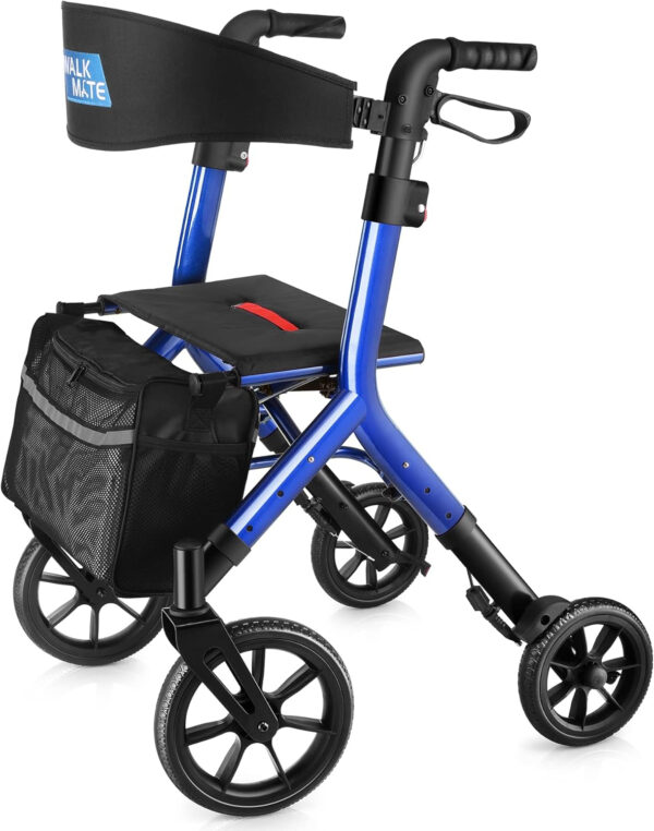 Rollator Walker for Seniors Taller 5.3~7ft with Height-Adjustable Seat, 10 Inch Wheels Wire-Hidden Walkers Compact Folding Design Lightweight Mobility Walking Aid Widen Backrest, Blue