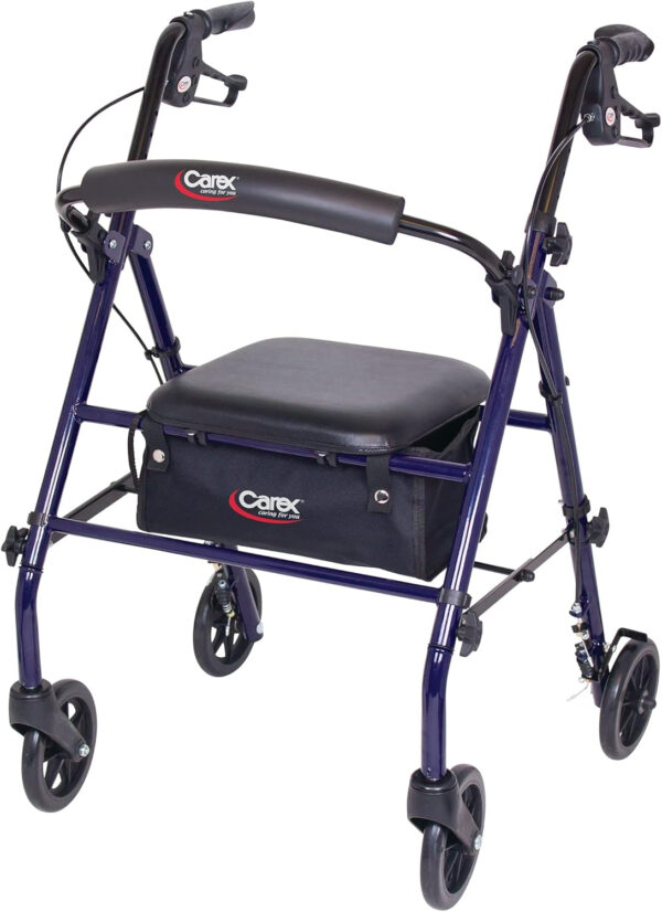 Carex Steel Rollator Walker with Seat and Wheels – Rolling Walker for Seniors – Walker Supports 350lbs, Foldable, For Those 5’0″ to 5’8″, Walker With Wheels