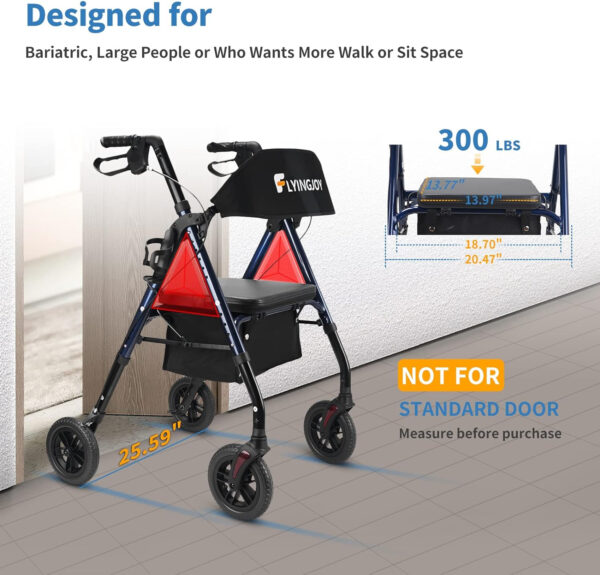 Folding Rollator Walker with Seat and Extra Wide Backrest, Rollators with All Terrain Large 8-inch Wheels for Seniors, Rolling Walkers with Cup & Cane Holder, up to 300 lbs (Blue)